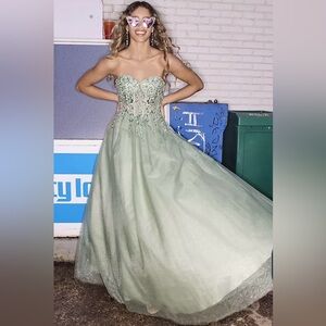 JULES AND CLEO Glitter Tulle Ball Gown with Corset Bodice Appliques Sage Green 6